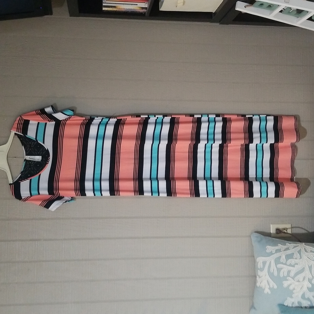 B & B Boutique size XL striped dress NWOT Aqua, Peach, White, and Black stripes